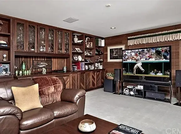 Living room with wooden paneling, brown leather couch, coffee table, shelves, and TV showing baseball game