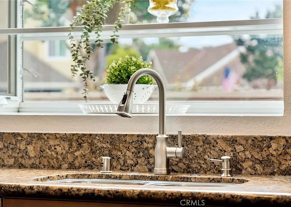 Kitchen sink with stainless faucet, granite counter, window view, and small plants.