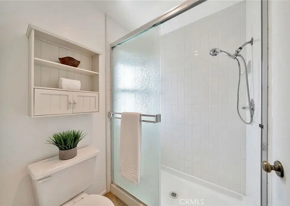 Bathroom with glass shower, white walls, shelves with decor, and green plants.