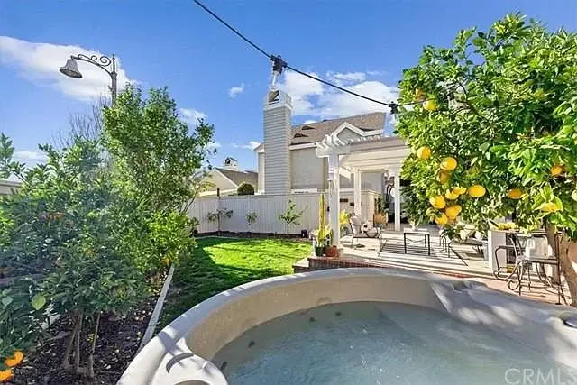 Backyard with hot tub, lawn, citrus trees, patio chairs, and house