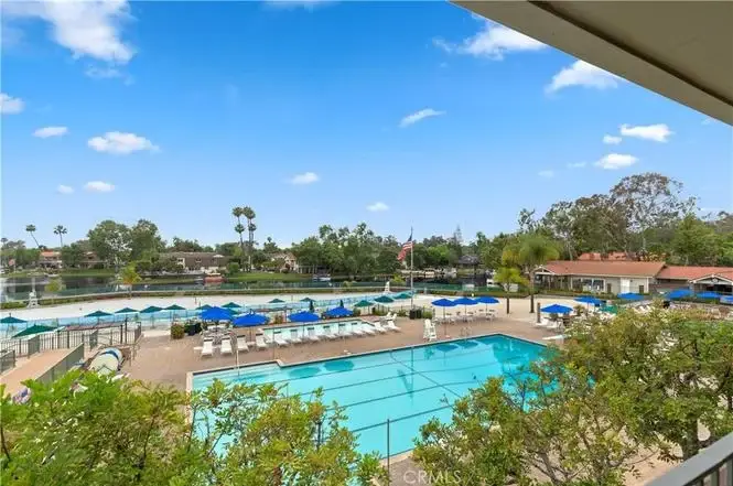 Pool area with lounge chairs, umbrellas, palm trees, plants