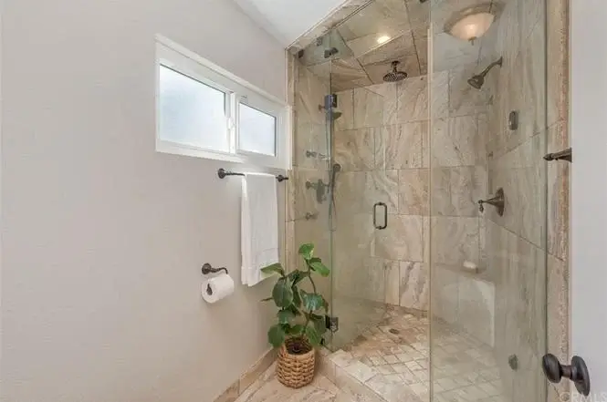 Bathroom shower with glass doors, stone tile walls, plant, and two showerheads