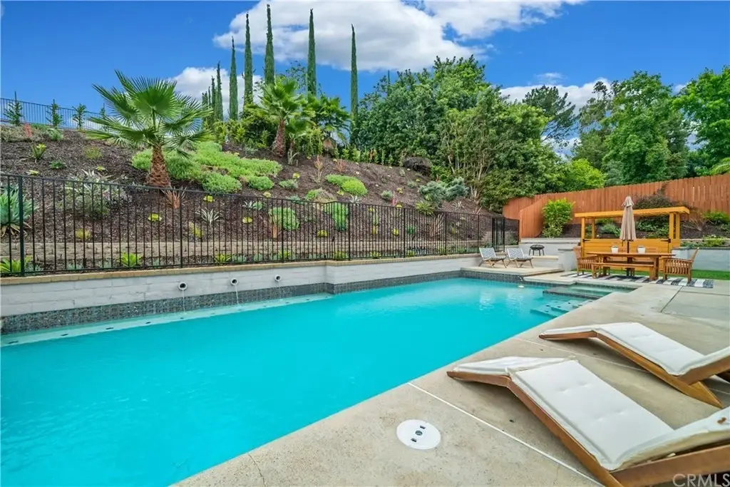 Backyard with swimming pool, lounge chairs, and outdoor dining area