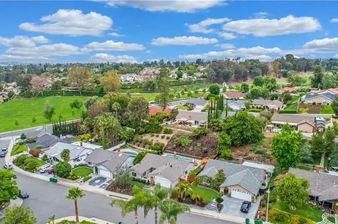 Aerial view of suburban homes with greenery, California real estate