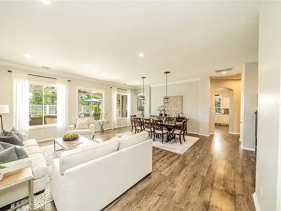 Living room and dining area with large table and seating