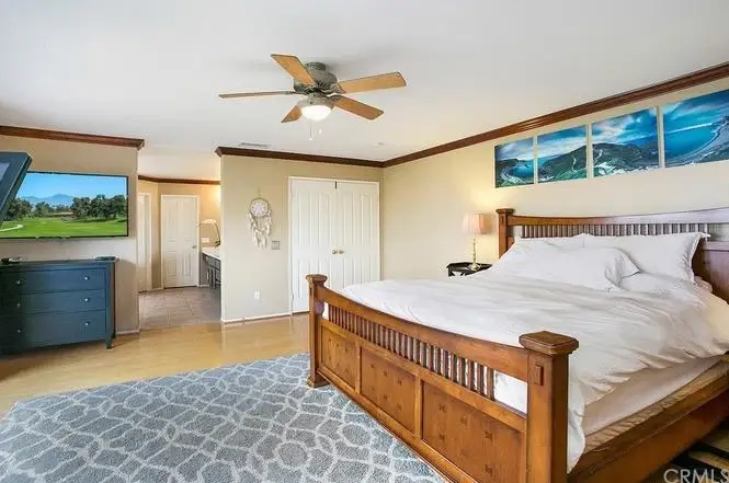 bedroom with wooden bed, white bedding, ceiling fan, TV, dresser, light wood floor, and paintings on the wall.