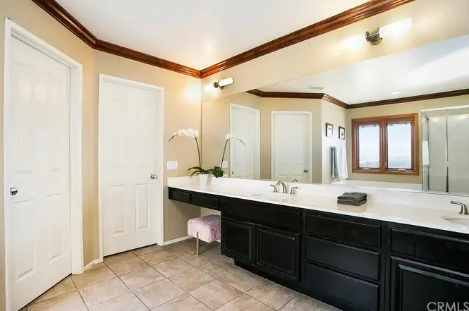 bathroom with double sink vanity, dark cabinets, large mirror, light walls, potted orchid, tiled floor, and two doors.