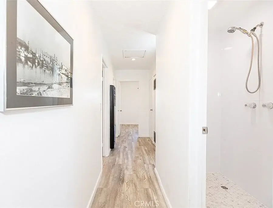 Hallway with light walls, black and white photo, light wood floor, and bathroom with shower and two showerheads at the end.