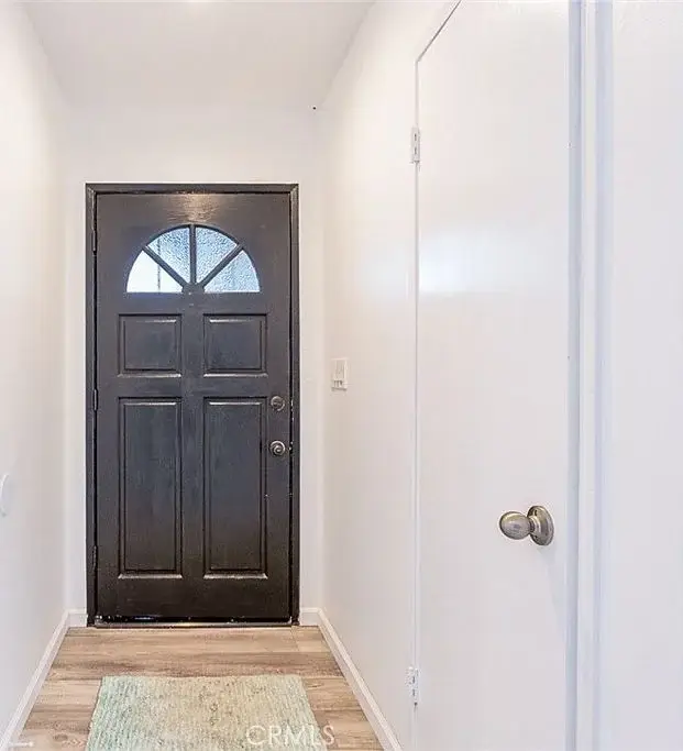 Hallway with black front door, arched window, wood floor, and small rug.