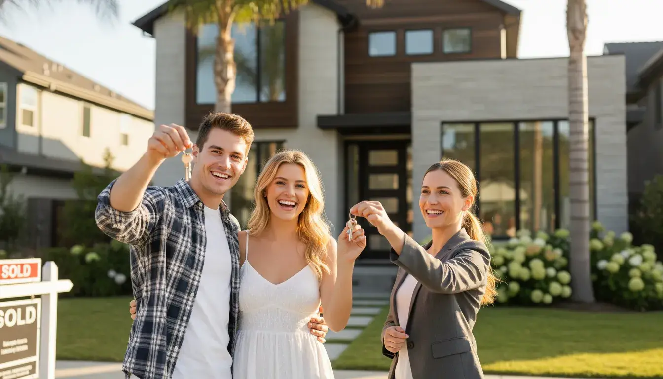 People holding house keys in front of two-story house with SOLD sign