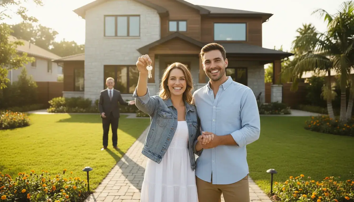 Couple smiling in front of house with keys, person in suit, and garden