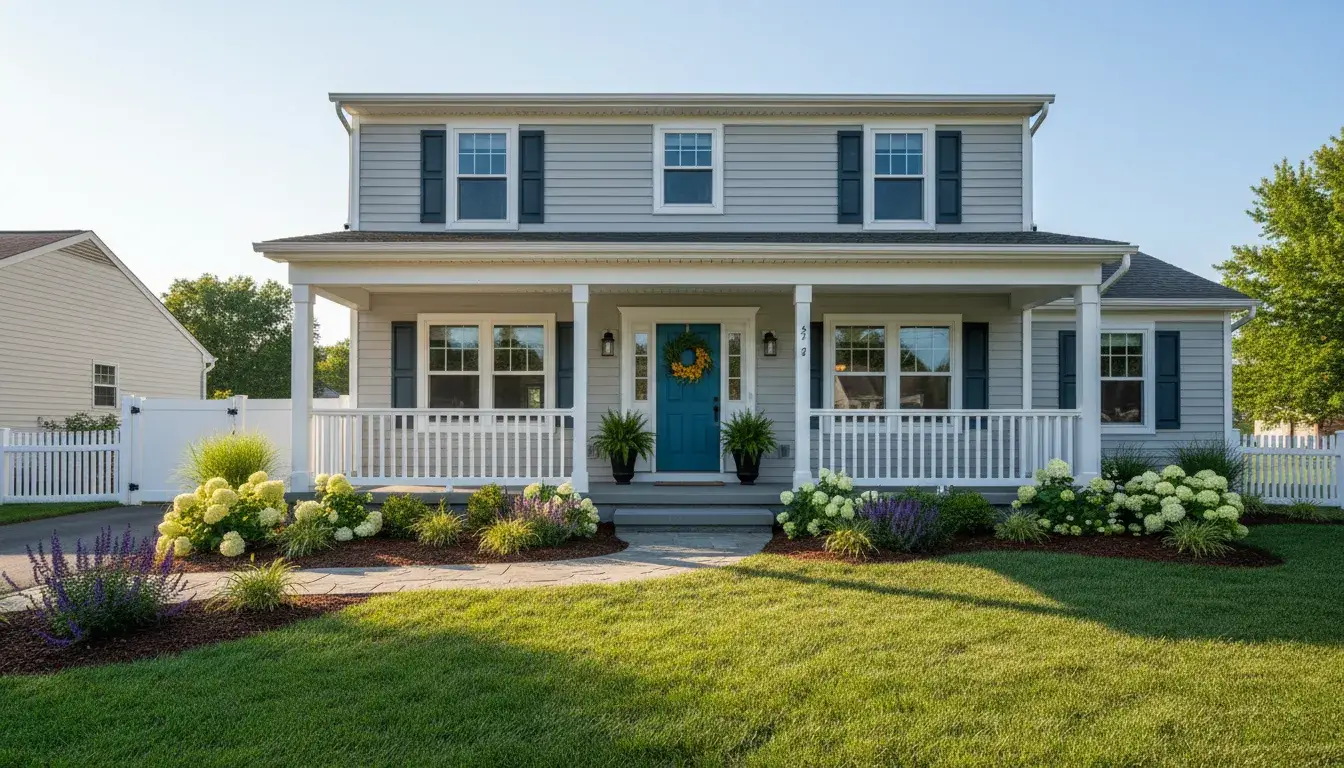 House California real estate with porch, blue door, blue shutters, garden, and lawn