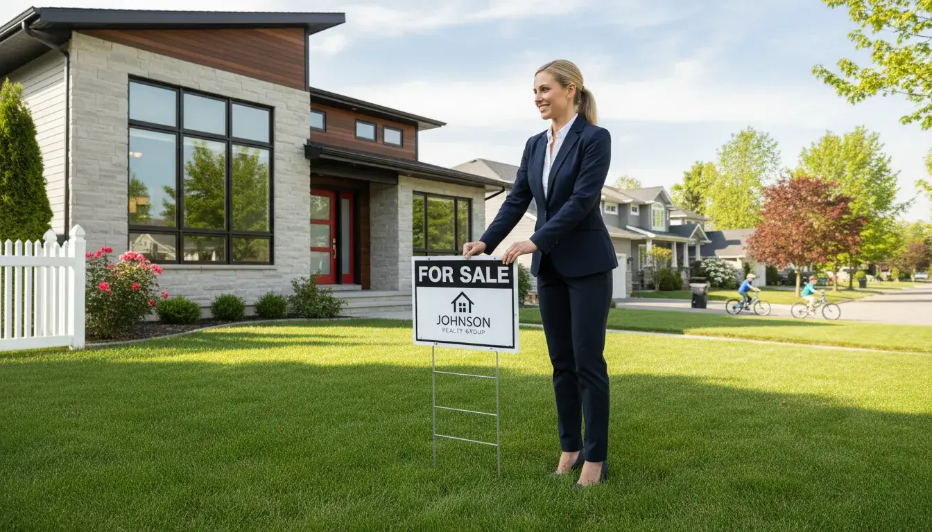 Real estate agent standing by For Sale sign in front of house