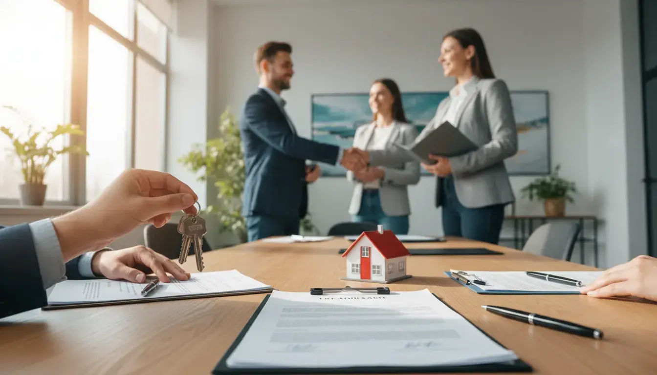 Real estate agent shaking hands with client, keys and model house on table